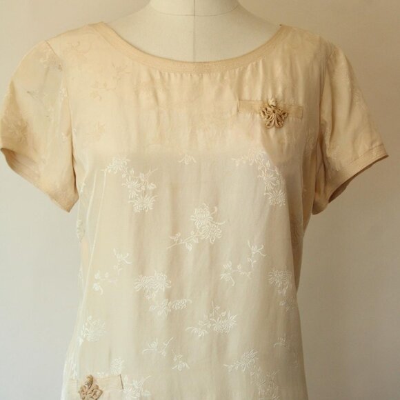 Vintage 1960s Dress with Pocket, Volup Size Calabash House Ivory Silk Damask - Picture 3 of 10